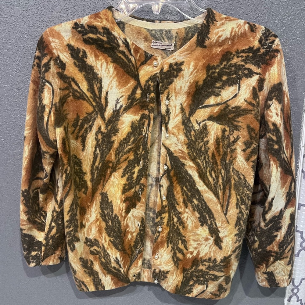 Vintage 1970s Wearable Art Leaf Print Cardigan Boho Forestcore Jacket